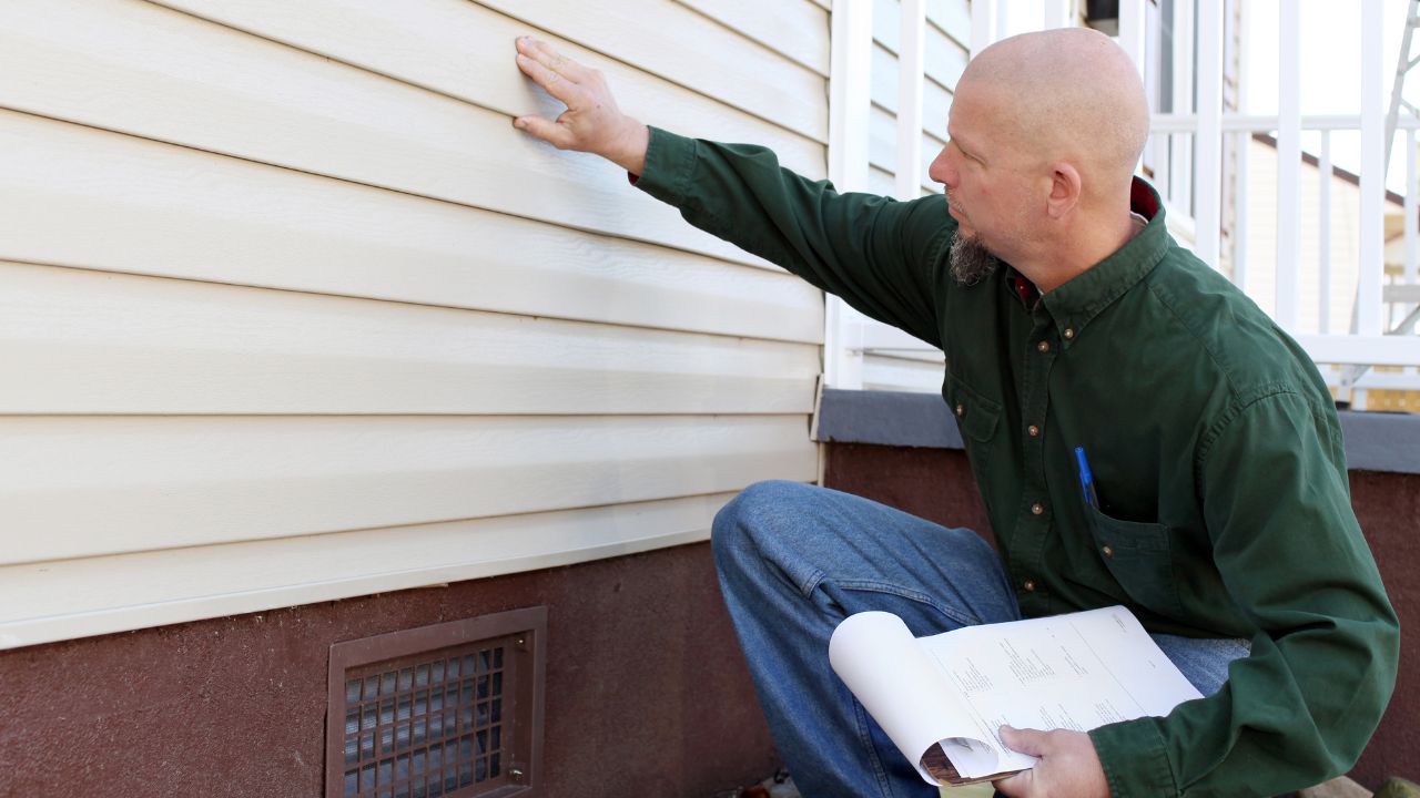 Bald person in a green shirt inspecting the siding of a house